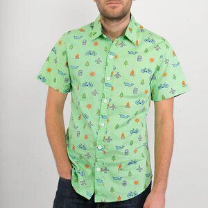 KAVU Men's Green Camping Print Slim Fit Short-Sleeve Button-Down Shirt Size L
